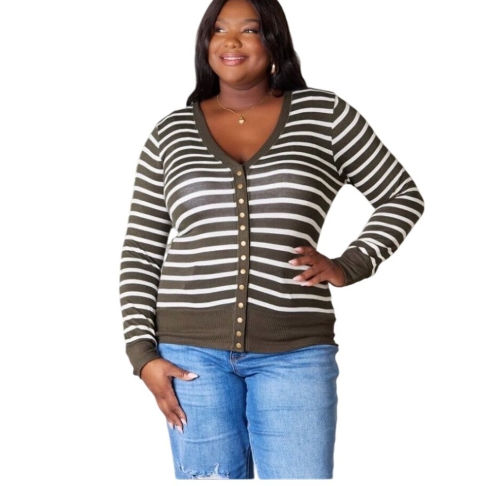 NEW Zenana Women's XL Olive Green White Striped Button Front Cardigan Long‎ Slv
